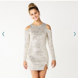 Champagne Sequin Cutout Shoulder Mini Dress